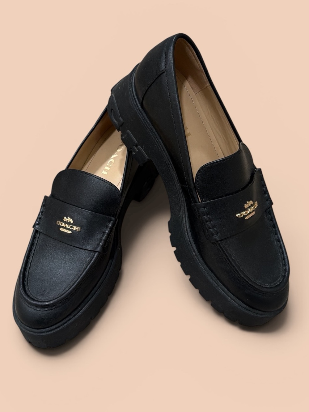Coach Black Ruthie Leather Lug Sole Penny Loafers